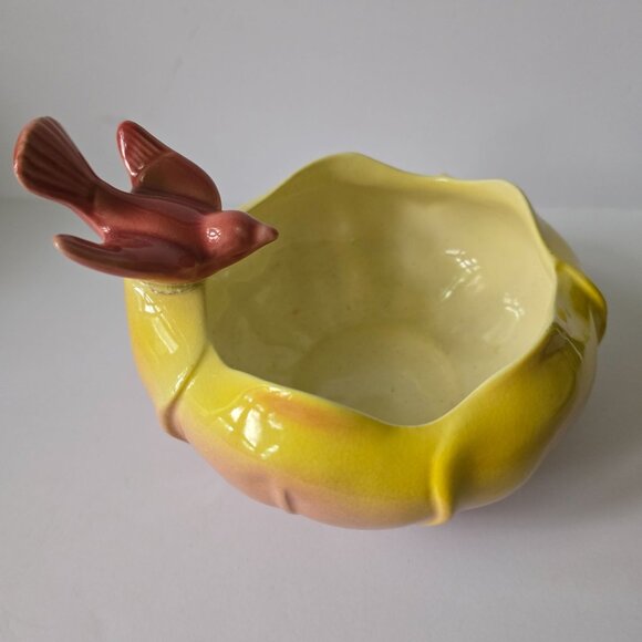 Vintage Royal Copley Yellow & Pink Ceramic Planter Bowl With Bird Accent - Picture 1 of 16